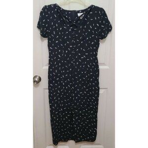 Vtg Marnie West Short Sleeve Button Front Dress‎ Cut Out Neck Black Floral 9/10